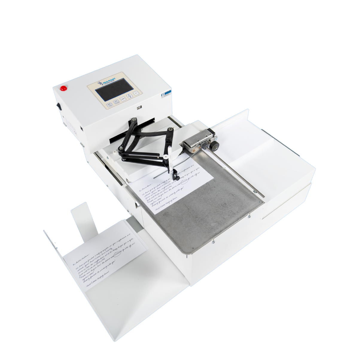 Uniprod handwriting machine — full view with interactive feature callouts