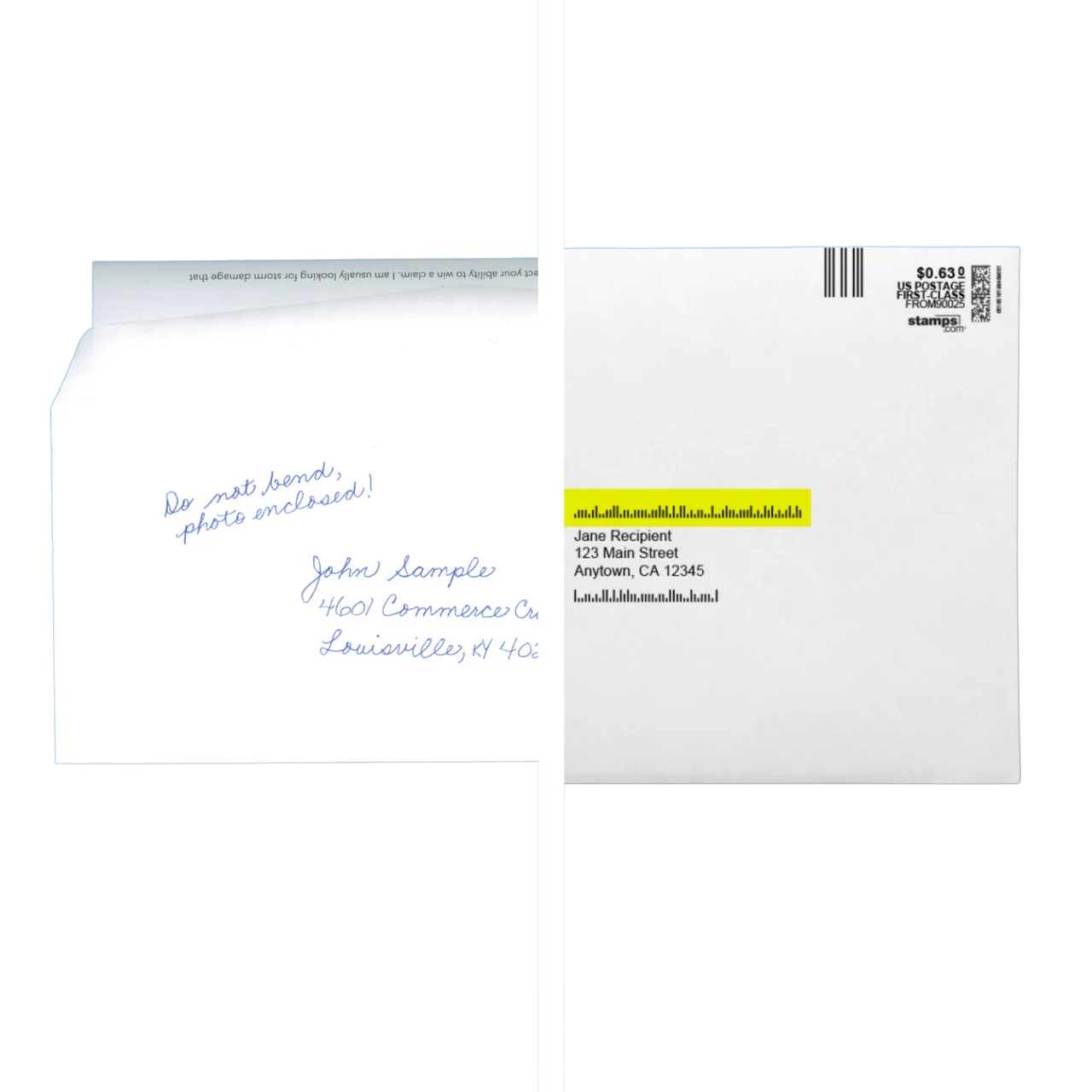 Handwritten envelope next to a printed envelope
